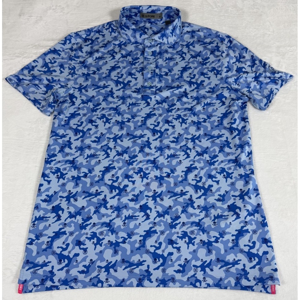 G/FORE Performance Polo‎ Men's Medium Blue Camo Skull and Crossbones Golf Shirt